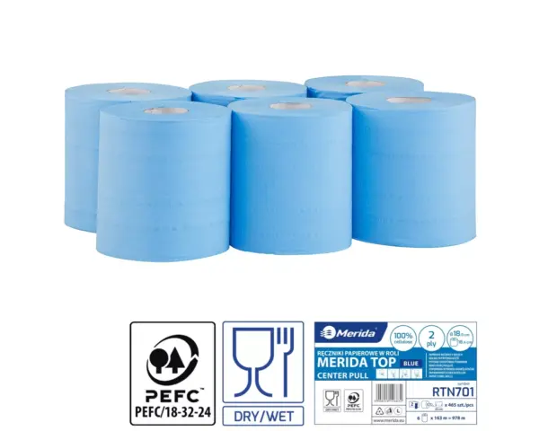 Ręczniki papierowe w roli, MERIDA TOP CENTER PULL MAXI, dwuwarstwowe, niebieskie, średnica 18 cm , długość 163 m, zgrzewka 6 rolek Papierowe ręczniki w roli Merida Top Center Pull Maxi niebieskie dwuwarstwowe