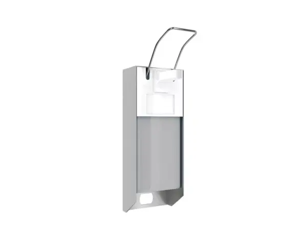 Dozownik płynu dezynfekcyjnego z przyciskiem łokciowym, pojemność zbiornika 500 ml, aluminiowy Merida D9 – metalowy dozownik łokciowy 500 ml; mechanizm ze stali kwasoodpornej, regulacja dozy, przezroczysty zbiornik.