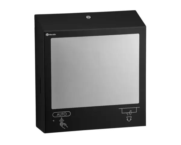 Pojemnik na ręczniki składane, z bezdotykowym automatycznym dozownikiem mydła w pianie i z lustrem ze stali SuperMirror „3 w 1" MERIDA STELLA SLIM BLACK LINE COMBO, czarny Czarny zestaw MERIDA STELLA SLIM COMBO z bezdotykowym dozownikiem mydła w pianie