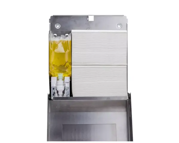 Pojemnik na ręczniki składane, z bezdotykowym automatycznym dozownikiem mydła w pianie i z lustrem ze stali SuperMirror „3 w 1" MERIDA STELLA SLIM COMBO, stal matowa Lustro SuperMirror polerowana stal nierdzewna 27,5 x 21,5 cm w zestawie Stella Slim