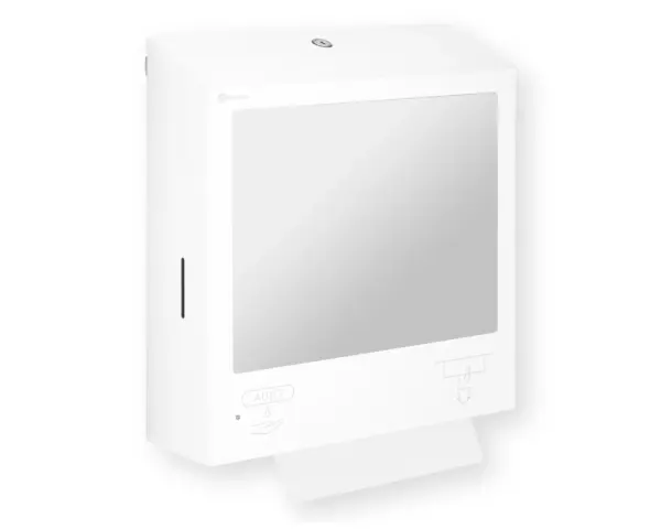 Pojemnik na ręczniki składane, z bezdotykowym automatycznym dozownikiem mydła w pianie i z lustrem ze stali SuperMirror „3 w 1" MERIDA STELLA SLIM WHITE LINE COMBO, biały Montaż zestawu 3w1 MERIDA STELLA SLIM WHITE LINE na ścianie łazienki