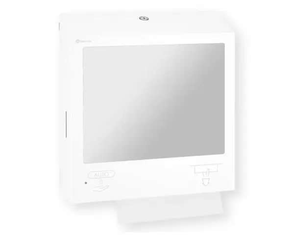 Pojemnik na ręczniki składane, z bezdotykowym automatycznym dozownikiem mydła w pianie i z lustrem ze stali SuperMirror „3 w 1" MERIDA STELLA SLIM WHITE LINE COMBO, biały Okienko kontroli poziomu ręczników w białym pojemniku STELLA SLIM