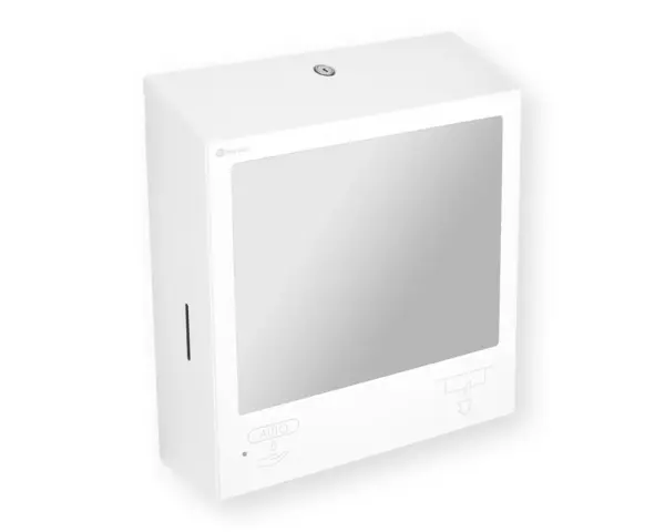Pojemnik na ręczniki składane, z bezdotykowym automatycznym dozownikiem mydła w pianie i z lustrem ze stali SuperMirror „3 w 1" MERIDA STELLA SLIM WHITE LINE COMBO, biały Biały dozownik mydła w pianie na wkład 800 ml z diodą statusu