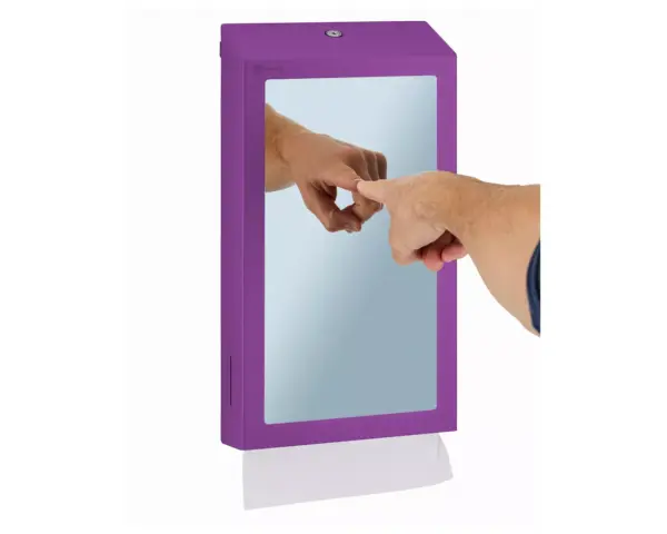 Pojemnik na ręczniki składane z lustrem ze stali SuperMirror „2w1" MERIDA STELLA SLIM VIOLET LINE MEGA COMBO, fioletowy Fioletowy pojemnik na ręczniki z lustrem SuperMirror – widok z boku