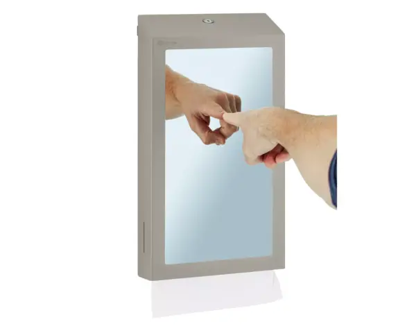 Pojemnik na ręczniki składane z lustrem ze stali SuperMirror „2w1" MERIDA STELLA SLIM STONE GREY LINE MEGA COMBO, szary kamienny Okienko kontroli poziomu ręczników w pojemniku MERIDA STELLA SLIM STONE GREY