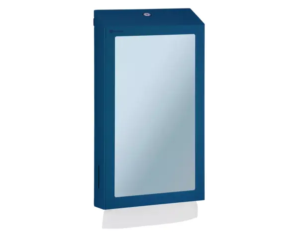 Pojemnik na ręczniki składane z lustrem ze stali SuperMirror „2w1" MERIDA STELLA SLIM BLUE LINE MEGA COMBO, niebieski Detal okienka kontrolnego niebieskiego pojemnika na ręczniki składane