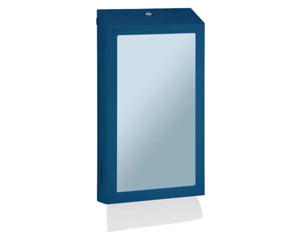 Pojemnik na ręczniki składane z lustrem ze stali SuperMirror „2w1" MERIDA STELLA SLIM BLUE LINE MEGA COMBO, niebieski Boczny widok niebieskiego pojemnika na ręczniki z lustrem ze stali nierdzewnej