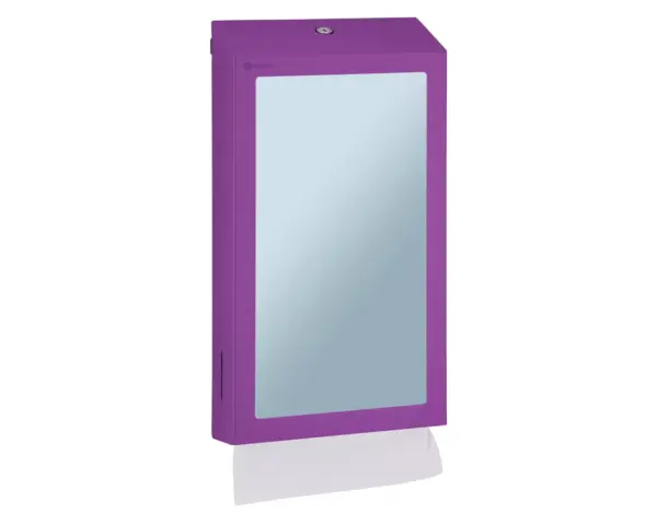 Pojemnik na ręczniki składane z lustrem ze stali SuperMirror „2w1" MERIDA STELLA SLIM VIOLET LINE MEGA COMBO, fioletowy Pojemnik Merida Stella Slim Violet otwarty – widok wnętrza na ręczniki