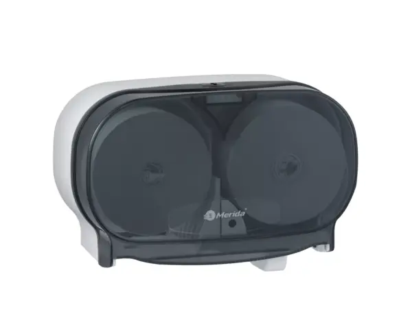 Pojemnik na dwie rolki papieru toaletowego bez gilzy MERIDA ONE, tworzywo ABS, biały Szczegół mechanizmu sekwencyjnego w pojemniku Merida ONE na dwie rolki