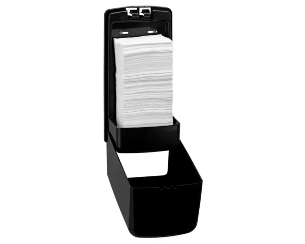 Pojemnik na papier toaletowy w listkach, MERIDA ONE, pojemność do 450 szt., tworzywo ABS, czarny Czarny pojemnik na listki papieru zamykany na kluczyk MERIDA ONE