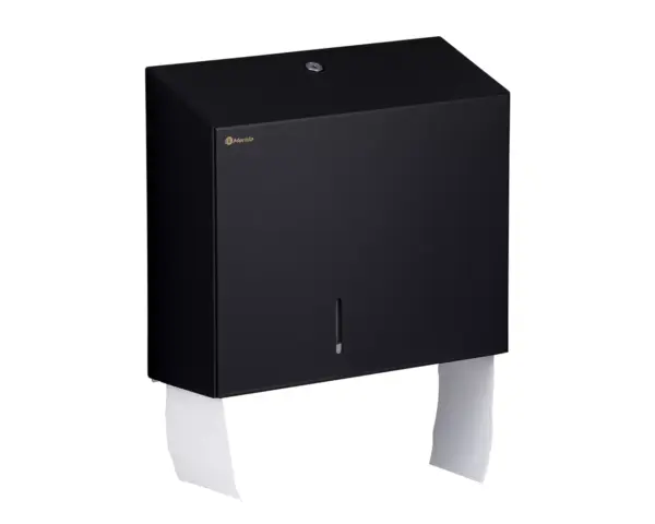 Pojemnik na papier toaletowy MERIDA STELLA DUO BLACK LINE z uchwytem na resztkę rolki papieru, średnica papieru do 20 cm, czarny Czarny pojemnik BSC202 na dwie rolki papieru toaletowego, stal nierdzewna