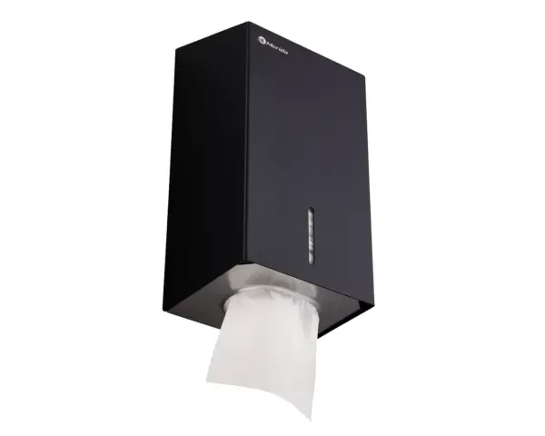 Pojemnik na papier toaletowy w listkach MERIDA STELLA BLACK LINE, pojemność do 450 szt., czarny Czarny pojemnik na papier toaletowy w listkach, widok tylny, montaż ścienny