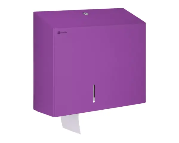 Pojemnik na papier toaletowy MERIDA STELLA VIOLET LINE MAXI, średnica papieru do 23 cm, fioletowy Boczny widok fioletowego pojemnika na papier toaletowy MERIDA MAXI ze stali