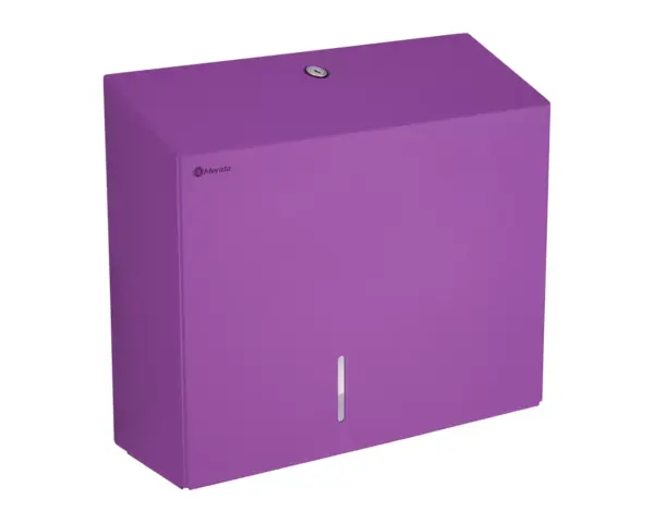 Pojemnik na papier toaletowy MERIDA STELLA DUO VIOLET LINE z uchwytem na resztkę rolki papieru, średnica papieru do 20 cm, fioletowy Pojemnik Merida Stella Duo Violet Line otwarty, widok wnętrza na rolkę papieru