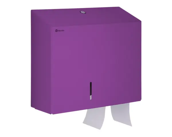 Pojemnik na papier toaletowy MERIDA STELLA DUO VIOLET LINE z uchwytem na resztkę rolki papieru, średnica papieru do 20 cm, fioletowy Pojemnik na papier toaletowy Merida Stella Duo Violet zamontowany na ścianie, widok boczny