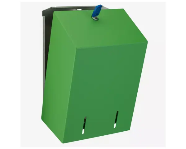Pojemnik na papier toaletowy w listkach MERIDA STELLA GREEN LINE, pojemność do 900 szt., zielony Zielony pojemnik na papier toaletowy w listkach ze stali nierdzewnej, widok z przodu