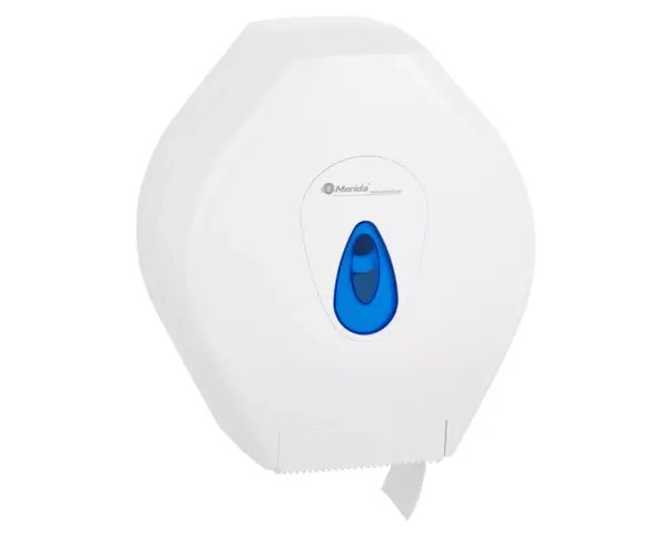 Pojemnik na papier toaletowy MERIDA TOP MAXI, tworzywo ABS, biały, okienko niebieskie Pojemnik na papier toaletowy MERIDA TOP MAXI biały tworzywo ABS bok