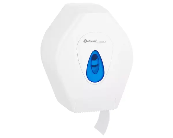 Pojemnik na papier toaletowy MERIDA TOP MINI, tworzywo ABS, biały, okienko niebieskie Otwarty pojemnik MERIDA TOP MINI biały z widocznym wnętrzem na rolkę papieru