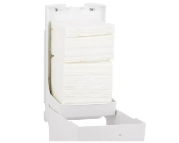 Pojemnik na papier toaletowy w listkach MERIDA TOP, pojemność do 450 szt., tworzywo ABS, biały, okienko niebieskie Pojemnik na listki papieru MERIDA TOP, zamykany na kluczyk