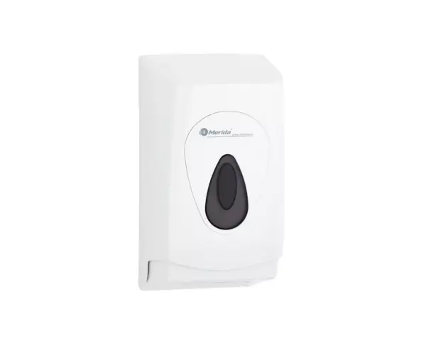 Pojemnik na papier toaletowy w listkach MERIDA TOP za 1 zł netto przy zakupie 2 kartonów papierów toaletowych MERIDA PREMIUM PPB401 (9 600 listków) Merida Top BTS401 – biały pojemnik na papier w listkach, 450 szt. (103,5 m); ciemnoszare okienko, zamykany na kluczyk.