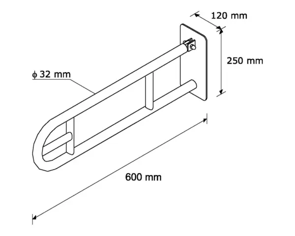 Poręcz uchylna łukowa 600 mm, z uchwytem na papier toaletowy Poręcz uchylna łukowa 600 mm do toalet publicznych rurka 32 mm