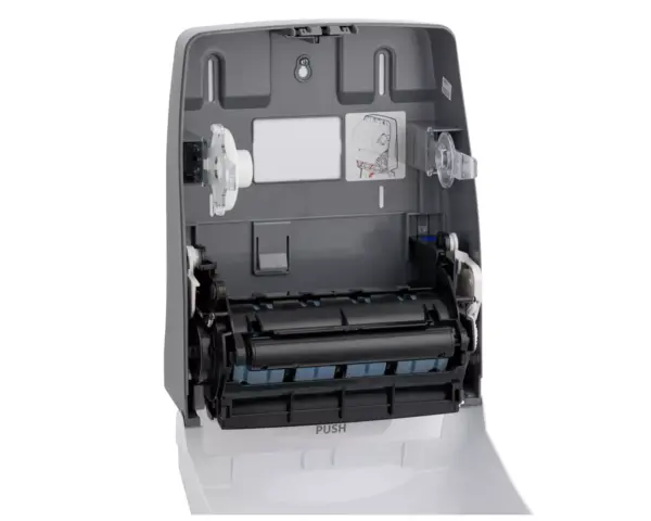 Mechaniczny podajnik ręczników papierowych w rolach MERIDA ONE AUTOMATIC MAXI, tworzywo ABS, biały Podajnik ręczników Merida One Automatic Maxi z mechanizmem autocut, biały