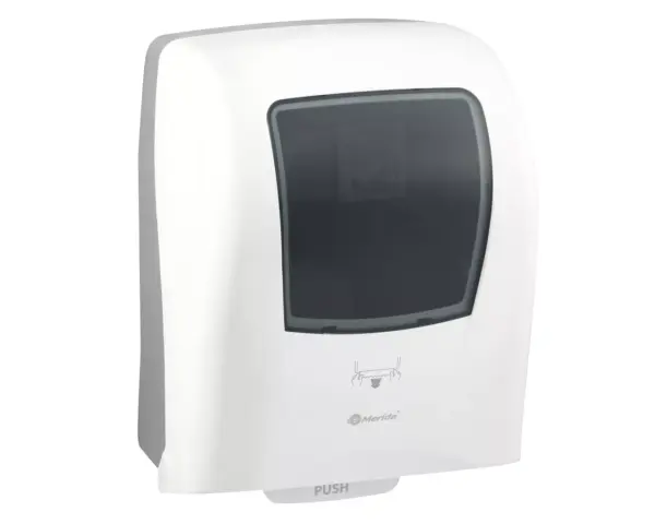 Mechaniczny podajnik ręczników papierowych w rolach MERIDA ONE AUTOMATIC MAXI, tworzywo ABS, biały Mechaniczny podajnik ręczników w rolach Merida One Automatic Maxi, biały ABS