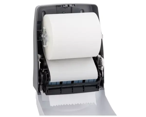 Mechaniczny podajnik ręczników papierowych w rolach MERIDA ONE AUTOMATIC MAXI, tworzywo ABS, biały Podajnik Merida One Automatic Maxi z okienkiem kontrolnym i zamkiem na kluczyk
