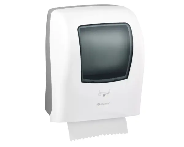 Mechaniczny podajnik ręczników papierowych w rolach MERIDA ONE AUTOMATIC MAXI, tworzywo ABS, biały Podajnik ręczników papierowych Merida One Automatic Maxi, obudowa ABS, tryb awaryjny