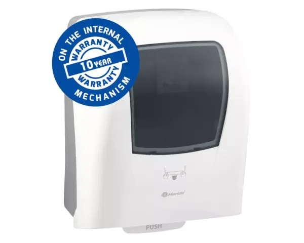 Mechaniczny podajnik ręczników papierowych w rolach MERIDA ONE AUTOMATIC MAXI, tworzywo ABS, biały Biały podajnik Merida One Automatic Maxi, gwarancja mechanizmu 10 lat
