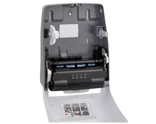Automatyczny bezdotykowy podajnik ręczników papierowych w rolach MERIDA ONE AUTOMATIC MAXI, tworzywo ABS, biały Biały podajnik ręczników MERIDA ONE AUTOMATIC MAXI na ścianie