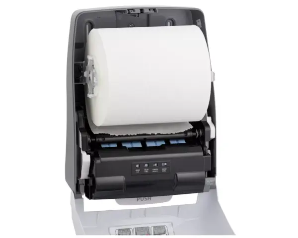 Automatyczny bezdotykowy podajnik ręczników papierowych w rolach MERIDA ONE AUTOMATIC MAXI, tworzywo ABS, biały Podajnik MERIDA ONE AUTOMATIC MAXI z otwartą klapą i widoczną rolką