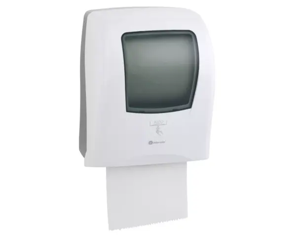 Automatyczny bezdotykowy podajnik ręczników papierowych w rolach MERIDA ONE AUTOMATIC MAXI, tworzywo ABS, biały Panel sterujący podajnika MERIDA ONE z przełącznikami MODE, DELAY, LENGTH, RANGE