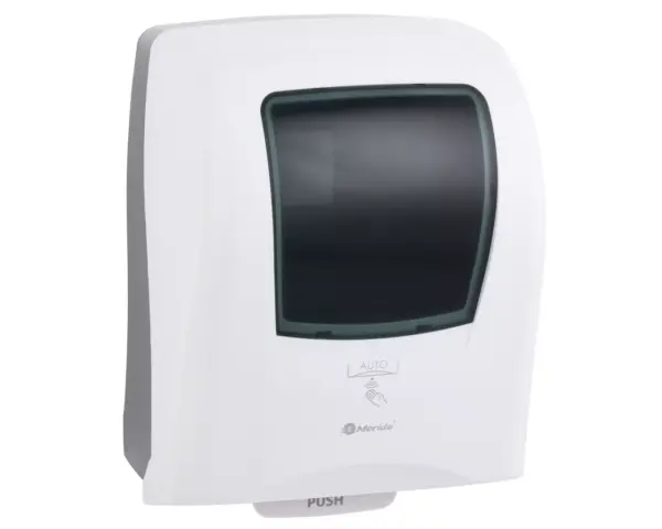 Automatyczny bezdotykowy podajnik ręczników papierowych w rolach MERIDA ONE AUTOMATIC MAXI, tworzywo ABS, biały Biały bezdotykowy podajnik ręczników MERIDA ONE AUTOMATIC MAXI z tworzywa ABS
