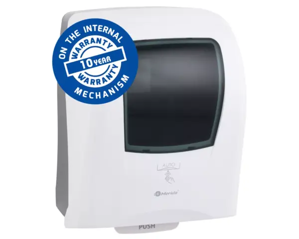 Automatyczny bezdotykowy podajnik ręczników papierowych w rolach MERIDA ONE AUTOMATIC MAXI, tworzywo ABS, biały Angielska wersja certyfikatu gwarancji podajnika MERIDA ONE AUTOMATIC