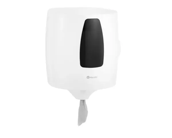 Pojemnik na ręczniki w roli, w systemie listkowym MERIDA ONE CENTER PULL, tworzywo ABS, biały Pojemnik MERIDA ONE CENTER PULL z otwartą przednią pokrywą