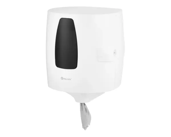 Pojemnik na ręczniki w roli, w systemie listkowym MERIDA ONE CENTER PULL, tworzywo ABS, biały Pojemnik CENTER PULL MERIDA ONE z widocznym mechanizmem dyszy dozującej
