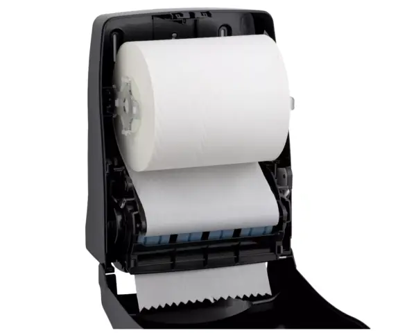 Mechaniczny podajnik ręczników papierowych w rolach, MERIDA ONE AUTOMATIC MAXI, tworzywo ABS, czarny Mechanizm odcinający ręcznik 25,5 cm w podajniku Merida One Automatic Maxi