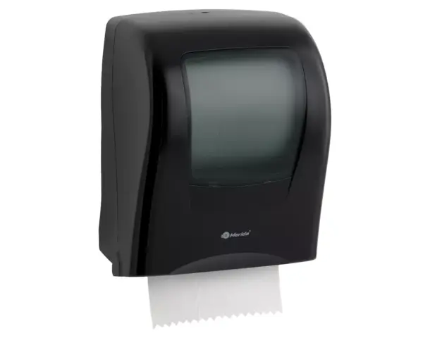 Mechaniczny podajnik ręczników papierowych w rolach, MERIDA ONE AUTOMATIC MAXI, tworzywo ABS, czarny Czarny podajnik Merida One Automatic Maxi z uchwytem rolki ułatwiającym zakładanie