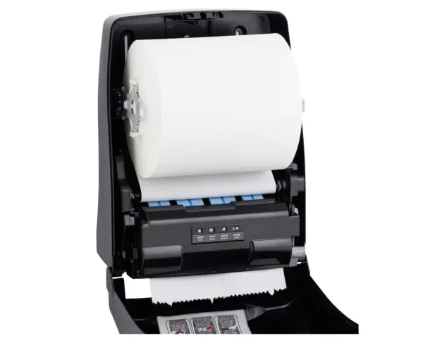 Automatyczny bezdotykowy podajnik ręczników papierowych w roli, MERIDA ONE AUTOMATIC MAXI, tworzywo ABS, czarny Podajnik Merida One Automatic Maxi otwarty z widocznym wnętrzem na rolkę