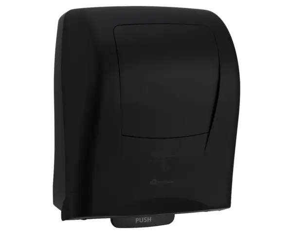 Bezdotykowy automatyczny podajnik ręczników papierowych w roli MERIDA AMADEUS SILKY BLACK Automatyczny podajnik ręczników w roli czarny matowy ABS widok z boku