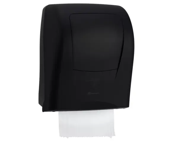 Bezdotykowy automatyczny podajnik ręczników papierowych w roli MERIDA AMADEUS SILKY BLACK Panel sterujący bezdotykowego podajnika z przełącznikami MODE DELAY LENGTH RANGE