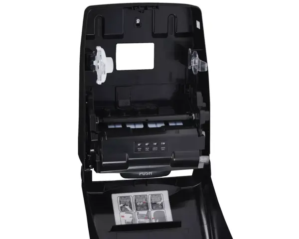 Bezdotykowy automatyczny podajnik ręczników papierowych w roli MERIDA AMADEUS SILKY BLACK Wnętrze automatycznego podajnika ręczników z miejscem na baterie i zasilacz