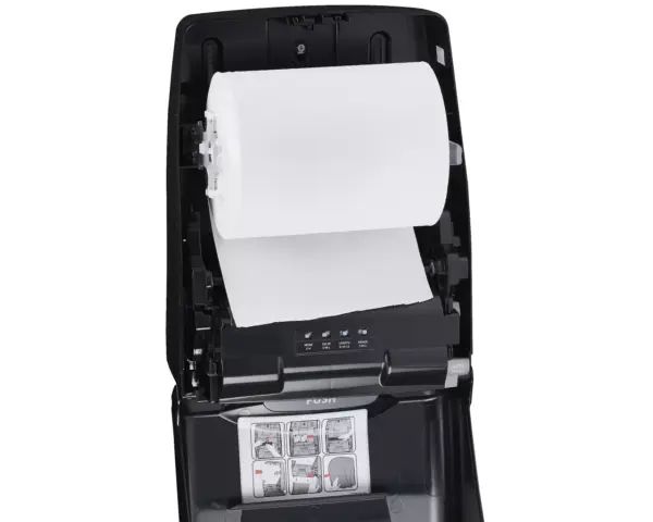 Bezdotykowy automatyczny podajnik ręczników papierowych w roli MERIDA AMADEUS SILKY BLACK Diodowy wskaźnik stanu podajnika ręczników Merida Amadeus Silky Black