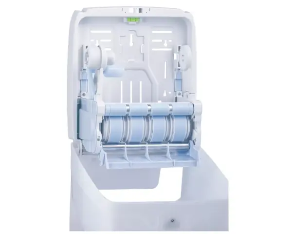 Mechaniczny podajnik ręczników papierowych w rolach MERIDA HARMONY AUTOMATIC MAXI, tworzywo, biały transparentny Wnętrze podajnika Merida Harmony Maxi z widocznym mechanizmem tnącym i wałkami