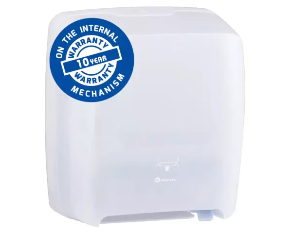 Mechaniczny podajnik ręczników papierowych w rolach MERIDA HARMONY AUTOMATIC MAXI, tworzywo, biały transparentny Biały podajnik Merida Harmony Automatic Maxi z gwarancją po angielsku