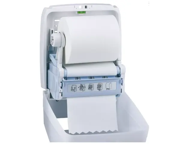 Mechaniczny podajnik ręczników papierowych w rolach MERIDA HARMONY AUTOMATIC MAXI, tworzywo, biały transparentny Podajnik Merida Harmony Automatic Maxi podczas wysuwania ręcznika papierowego