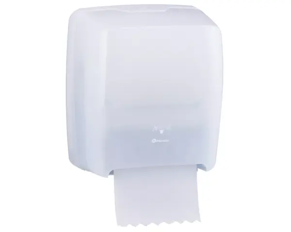 Mechaniczny podajnik ręczników papierowych w rolach MERIDA HARMONY AUTOMATIC MAXI, tworzywo, biały transparentny Biały transparentny podajnik Merida Harmony Maxi z załadowaną rolką papieru