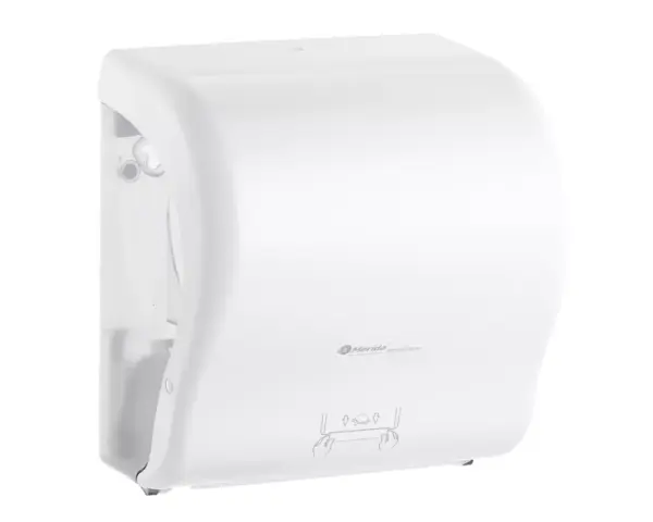 Mechaniczny podajnik ręczników papierowych w rolach MERIDA LUX CUT AUTOMATIC MAXI, tworzywo ABS, biały Biały podajnik ręczników w rolach MERIDA LUX CUT AUTOMATIC MAXI z tworzywa ABS