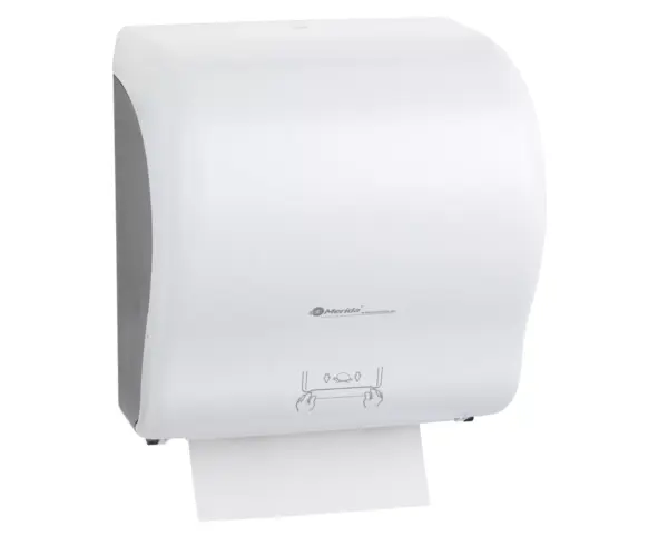 Mechaniczny podajnik ręczników papierowych w rolach MERIDA LUX CUT AUTOMATIC MAXI, tworzywo ABS, biały Mechaniczny podajnik ręczników MERIDA LUX MAXI z widocznym poziomem ręcznika